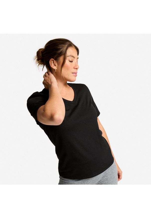 Decathlon - Koszulka fitness damska dekolt V. Typ kołnierza: dekolt w kształcie V. Kolor: czarny. Materiał: poliester, bawełna, materiał. Sport: fitness