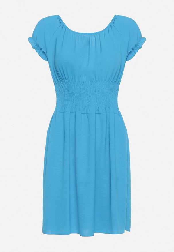 Born2be - Niebieska Rozkloszowana Sukienka Typu Hiszpanka z Gumką w Pasie Tiadella. Okazja: na co dzień. Typ kołnierza: dekolt hiszpanka. Kolor: niebieski. Długość rękawa: krótki rękaw. Sezon: wiosna, lato. Typ sukienki: proste. Styl: casual, elegancki