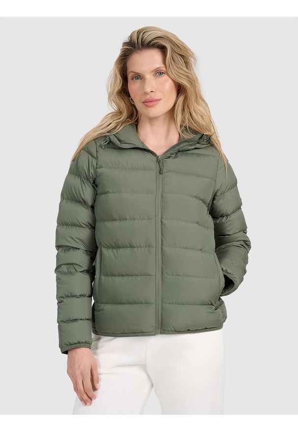 4f - 4F Kurtka puchowa z wypełnieniem naturalnym damska - oliwkowa/khaki XS. Okazja: na co dzień. Typ kołnierza: kaptur. Kolor: oliwkowy, brązowy, wielokolorowy. Materiał: puch. Sezon: zima, wiosna. Styl: casual, klasyczny, sportowy