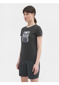 4f - T-shirt regular z bawełny organicznej damski. Kolor: szary. Materiał: bawełna. Wzór: nadruk