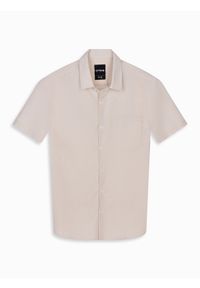Ombre Clothing - Koszula męska z lnu i bawełny z krótkim rękawem i kieszonką – beżowa V4. Kolor: beżowy. Materiał: len, bawełna. Długość rękawa: krótki rękaw. Długość: krótkie. Sezon: lato #8