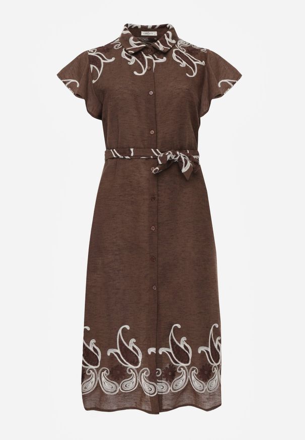 Born2be - Brązowa Rozkloszowana Sukienka Koszulowa z Wiskozy z Haftem i Wiązanym Paskiem Adellis. Okazja: na co dzień. Kolekcja: plus size. Kolor: brązowy. Materiał: wiskoza. Wzór: haft. Sezon: lato. Typ sukienki: koszulowe. Styl: casual, boho