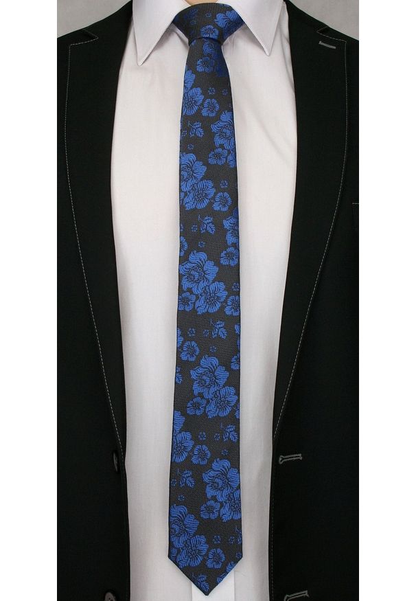 Alties - Popielaty Elegancki Krawat w Chabrowe Kwiatki -ALTIES- 6 cm, Męski, Motyw Florystyczny. Kolor: niebieski. Materiał: tkanina. Wzór: kwiaty. Styl: elegancki