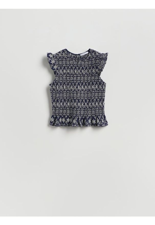 Reserved - Bluzka z haftowanym wzorem - granatowy. Kolor: niebieski. Materiał: bawełna. Wzór: haft