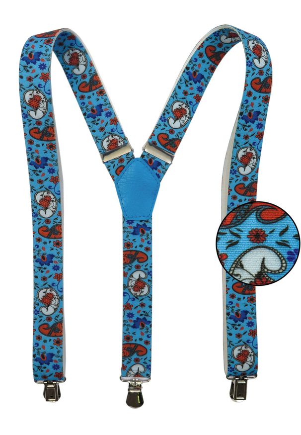 Modini - Niebieskie szelki wzór paisley x30. Kolor: niebieski. Materiał: skóra, guma. Wzór: paisley