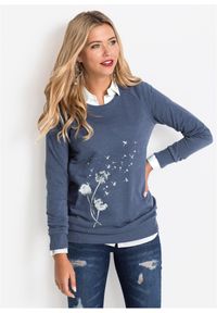 bonprix - Bluza z mieszanki bawełny. Kolor: niebieski. Materiał: bawełna, dresówka. Wzór: nadruk #1