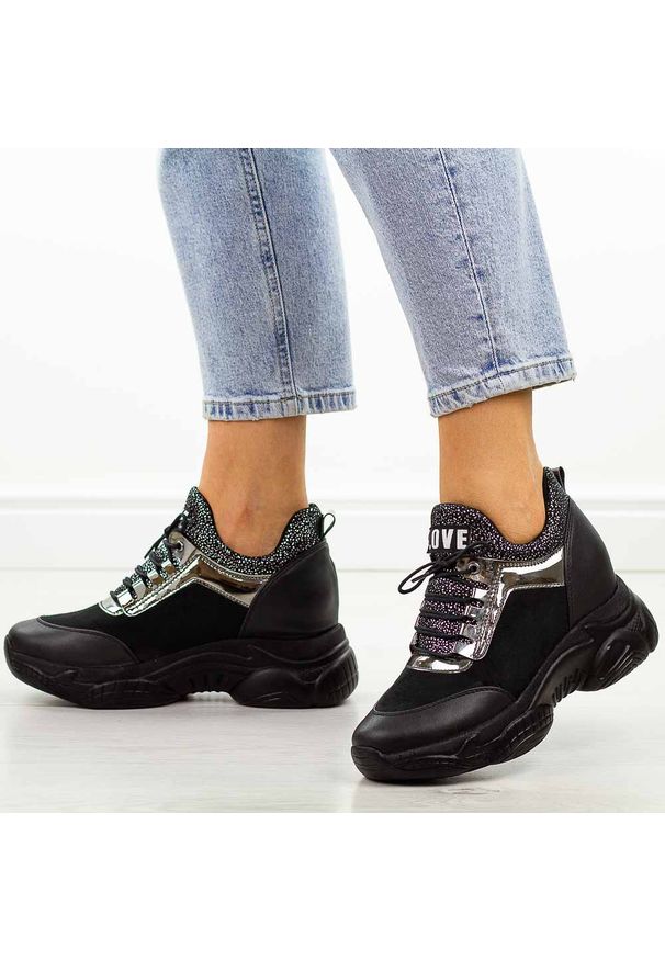 Navy dot - Czarne sneakersy damskie Navy Dot 56002. Kolor: czarny. Materiał: zamsz, skóra