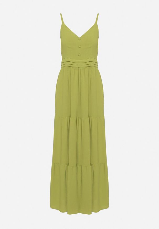 Born2be - Zielona Sukienka na Regulowanych Ramiączkach z Gumką w Pasie Ebisina. Okazja: na co dzień. Kolor: zielony. Długość rękawa: na ramiączkach. Sezon: lato. Styl: elegancki, casual