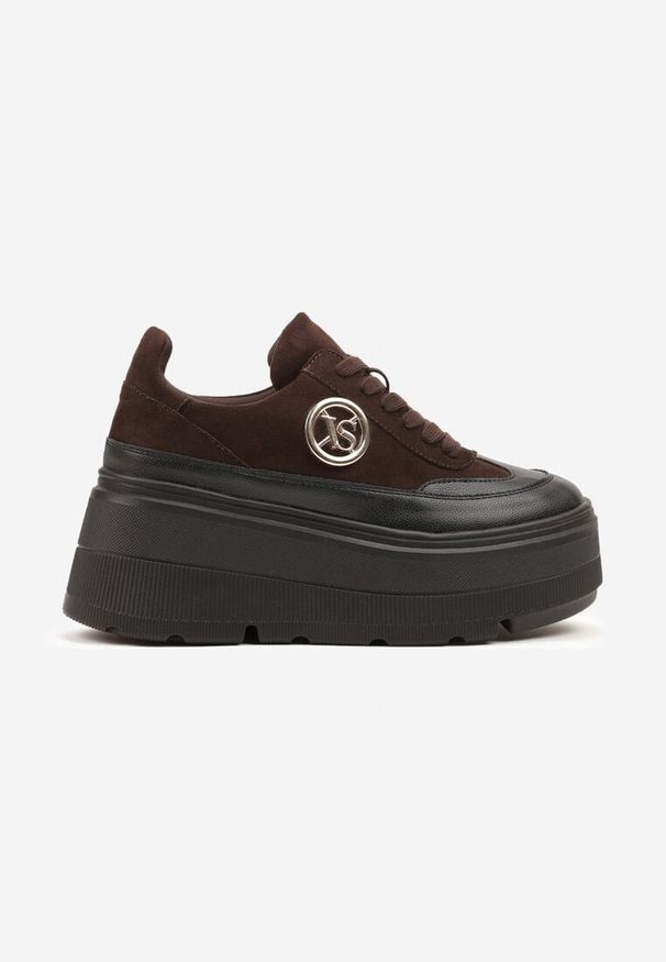 Renee - Brązowe Chunky Sneakersy Vices na Platformie z Okrągłym Detalem Sedvira. Okazja: na spacer. Nosek buta: okrągły. Kolor: brązowy. Materiał: jeans, koronka, skóra. Obcas: na platformie. Sport: turystyka piesza