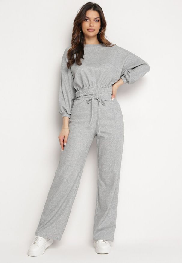 Born2be - Szary Komplet Bawełniany Spodnie Szerokie ze Sznurkiem w Pasie i Bluza ze Ściągaczami Urionne. Kolor: szary. Materiał: bawełna