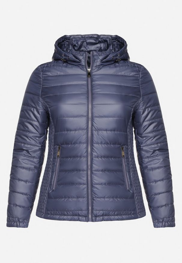 Born2be - Granatowa Pikowana Kurtka z Opinanym Kapturem i Wstawkami z Gumek Terilinde. Okazja: na spacer. Kolekcja: plus size. Kolor: niebieski. Materiał: jeans