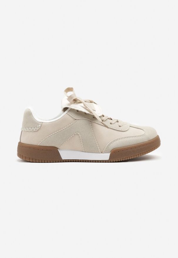 Born2be - Beżowe Sneakersy Tenisówki z Ozdobnym Językiem Alaviela. Okazja: na co dzień. Kolor: beżowy. Materiał: jeans. Wzór: aplikacja