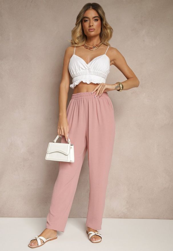 Renee - Różowe Spodnie z Bawełną o Szerokim Kroju High Waist Fanelithia. Okazja: na co dzień. Stan: podwyższony. Kolor: różowy. Materiał: bawełna. Styl: casual