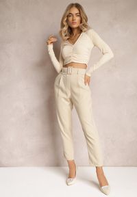 Renee - Jasnobeżowe Spodnie z Paskiem Eudea. Kolor: beżowy. Materiał: materiał. Długość: długie. Wzór: jednolity. Styl: elegancki
