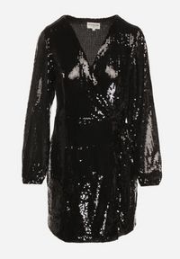 Born2be - Czarna Cekinowa Sukienka o Kopertowym Kroju z Wiązaniem w Talii Eprelle. Okazja: na imprezę. Kolor: czarny. Długość rękawa: długi rękaw. Wzór: gładki, aplikacja. Typ sukienki: kopertowe. Styl: elegancki #5