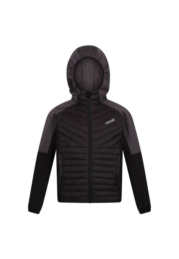 Kurtka turystyczna dziecięca Kielder Hybrid VI Regatta z kapturem. Typ kołnierza: kaptur. Kolor: szary, wielokolorowy, czarny. Materiał: poliamid. Styl: sportowy