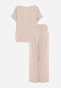 Renee - Jasnobeżowy Komplet Bluzka i Luźne Spodnie z Wiskozą i Kieszonkami Efraria. Kolor: beżowy. Materiał: wiskoza. Wzór: aplikacja #3