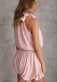 Renee - Różowy Bawełniano-Wiskozowy Komplet Balloon w Groszki Wiązany Top i Szorty Luxina. Kolor: różowy. Materiał: wiskoza, bawełna. Wzór: grochy #7