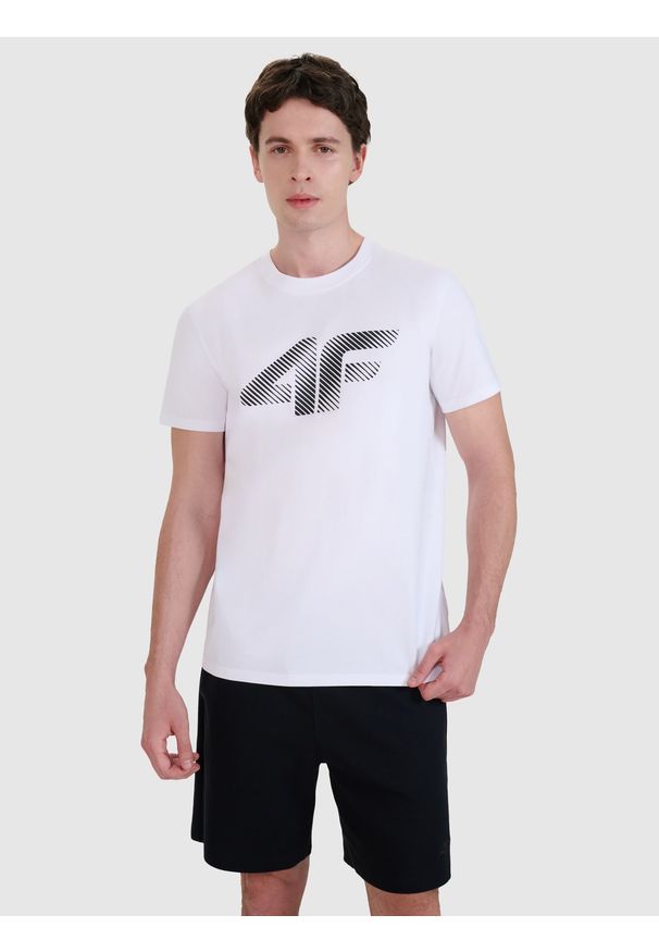 4f - 4F T-shirt regular z nadrukiem męski - biały 3XL. Okazja: na co dzień. Kolor: biały. Materiał: dzianina, bawełna, jersey. Długość rękawa: krótki rękaw. Długość: krótkie. Wzór: nadruk. Styl: klasyczny, sportowy, casual