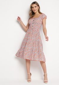 Born2be - Pomarańczowo-Niebieska Wiskozowa Sukienka Midi Rozkloszowana z Metalowymi Guzikami Exodia. Kolor: pomarańczowy. Materiał: wiskoza. Styl: klasyczny, elegancki. Długość: midi #6