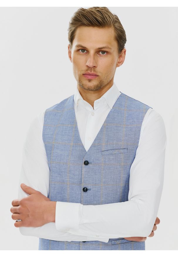 Pako Lorente - PAKO LORENTE – Męska niebieska kamizelka w kratkę. Kolor: niebieski. Wzór: kratka
