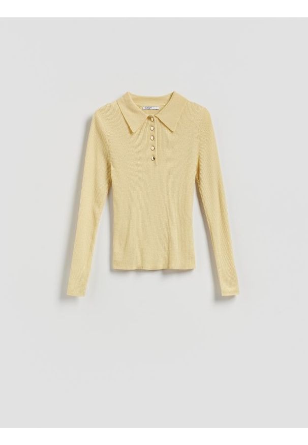 Reserved - Sweter polo z wełną - jasnożółty. Typ kołnierza: polo. Kolor: żółty. Materiał: wełna