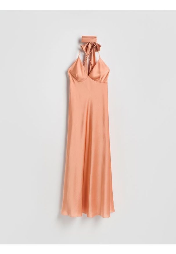 Reserved - Sukienka z szalem - koralowy. Kolor: pomarańczowy. Materiał: tkanina. Wzór: gładki. Typ sukienki: proste