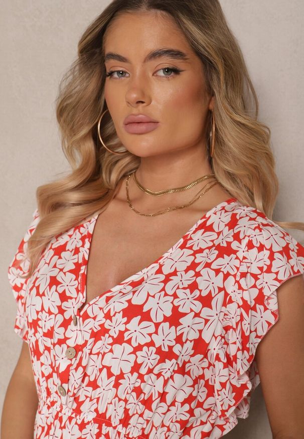 Renee - Czerwona Rozkloszowana Sukienka z Bawełny w Kwiatowy Wzór z Gumką w Talii Alaniria. Okazja: na spacer, na co dzień. Typ kołnierza: dekolt w kształcie V. Kolor: czerwony. Materiał: bawełna. Wzór: kwiaty. Typ sukienki: rozkloszowane. Styl: casual
