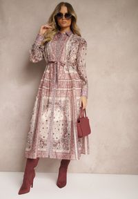 Renee - Beżowa Sukienka o Rozkloszowanym Kroju Koszulowym z Bawełną i Paskiem Merichelle. Kolor: beżowy. Materiał: bawełna. Długość rękawa: na ramiączkach. Typ sukienki: koszulowe #4