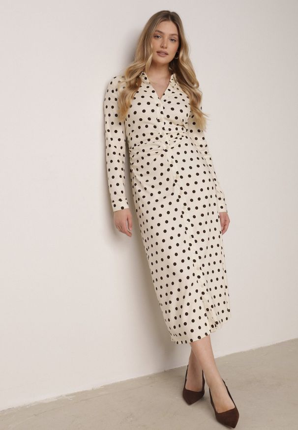 Born2be - Beżowa Wiskozowa Sukienka Koszulowa z Domieszką Lnu z Marszczeniem Besirra. Okazja: na co dzień, na spotkanie biznesowe, do pracy. Kolor: beżowy. Materiał: wiskoza, len. Typ sukienki: koszulowe. Styl: casual, biznesowy, elegancki