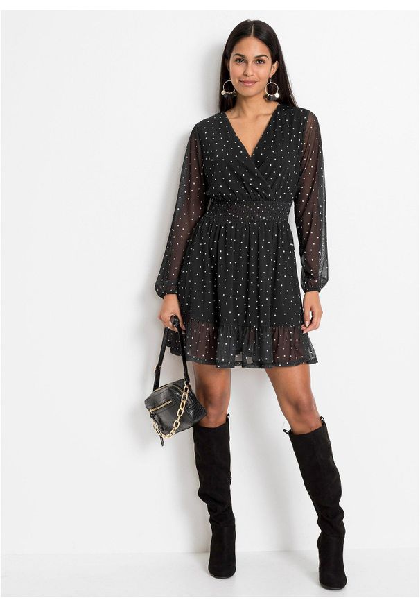 bonprix - Sukienka mini z falbaną. Kolor: czarny. Styl: elegancki. Długość: mini