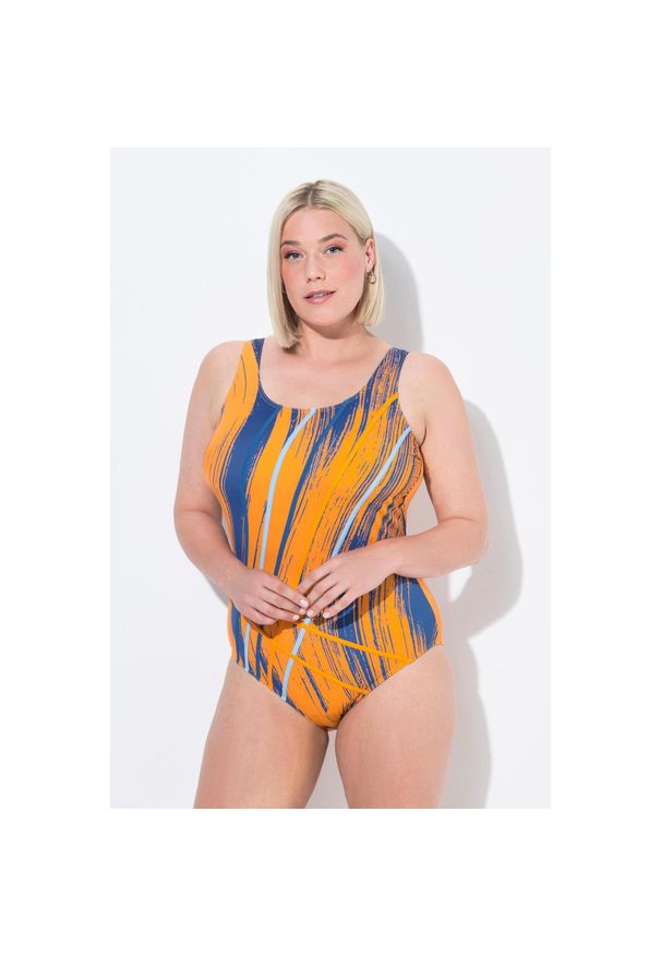 ULLA POPKEN - Damski Strój kąpielowy fale lamówka bez miękkich miseczek okrągły dekolt. Kolekcja: plus size. Kolor: pomarańczowy. Materiał: poliester, elastan, poliamid, materiał