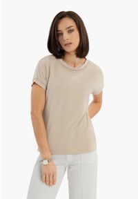 Volcano - Koszulka z modalem TM-EVENLY. Kolor: beżowy. Materiał: tkanina, elastan, materiał, bawełna, skóra. Długość rękawa: krótki rękaw. Długość: krótkie. Wzór: prążki, aplikacja, paski. Sezon: wiosna, lato. Styl: elegancki, sportowy, klasyczny #1