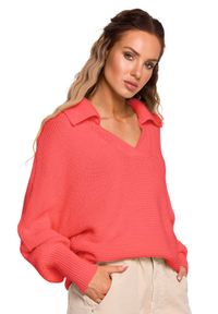 MOE - Sweter w Szpic z Kołnierzykiem - Brzoskwiniowy. Kolor: pomarańczowy. Materiał: nylon, akryl #1