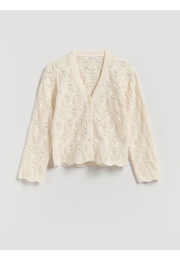 Reserved - Ażurowy kardigan - złamana biel. Materiał: dzianina. Wzór: ażurowy