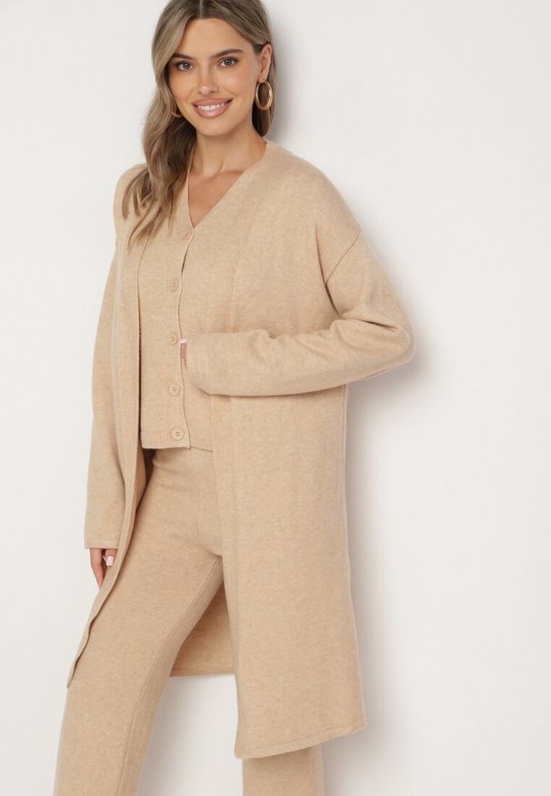 Born2be - Beżowy Dzianinowy Komplet z Wełną Kardigan Top i Szerokie Spodnie Daivonne. Kolor: beżowy. Materiał: wełna, dzianina