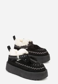 Born2be - Czarne Śniegowce na Grubej Podeszwie z Frędzlami i Haftem Linodis. Okazja: na spacer, na co dzień. Kolor: czarny. Materiał: jeans. Wzór: haft. Sezon: jesień. Styl: casual #4