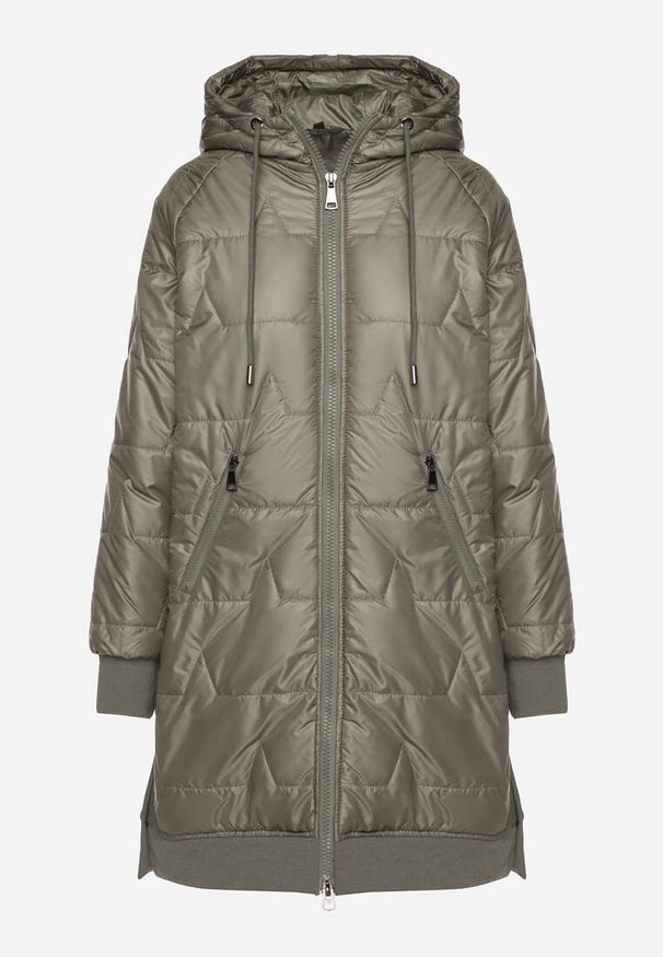 Renee - Zielona Przejściowa Kurtka z Kapturem Zdobiona Pikowaniem Fesulia. Okazja: na spacer, na co dzień. Typ kołnierza: kaptur. Kolor: zielony. Materiał: jeans. Wzór: aplikacja. Styl: casual, klasyczny