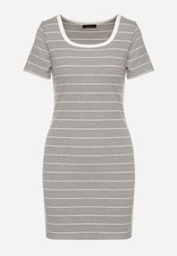 Born2be - Jasnoszara Bawełniana Sukienka w Paski o Dopasowanym Kroju Tiamirene. Okazja: na co dzień. Kolor: szary. Materiał: bawełna. Wzór: paski. Typ sukienki: proste. Styl: casual, klasyczny #3