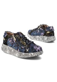 Granatowe Sneakersy Laura Vita Modne Obuwie Damskie. Okazja: na co dzień. Zapięcie: sznurówki. Kolor: niebieski. Materiał: jeans. Wzór: nadruk, aplikacja, kwiaty. Styl: casual, klasyczny, boho #2