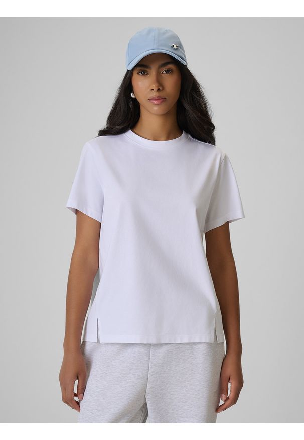 4f - 4F T-shirt regular gładki damski - biały L. Okazja: na co dzień. Kolor: biały. Materiał: materiał. Wzór: gładki. Styl: casual