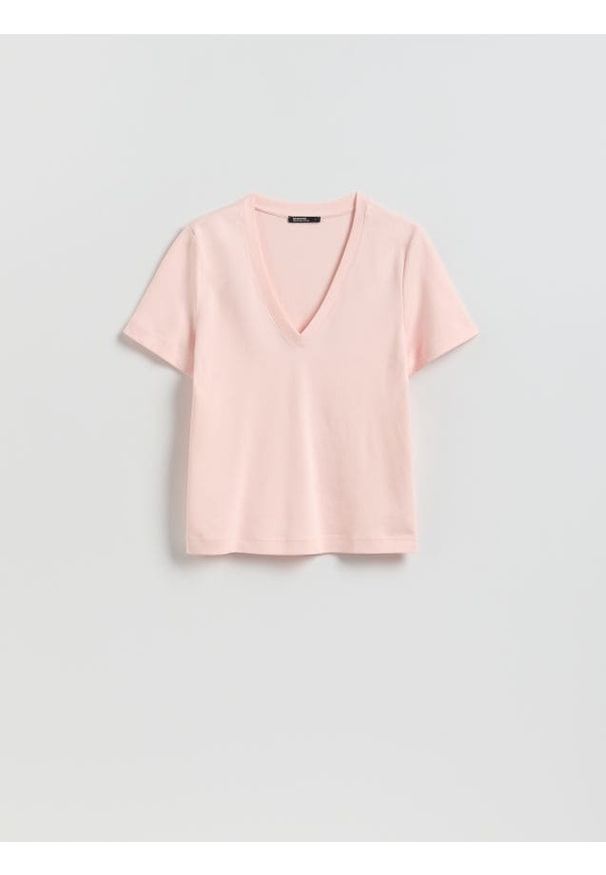 Reserved - Bawełniany t-shirt - pastelowy róż. Kolor: różowy. Materiał: bawełna. Wzór: gładki