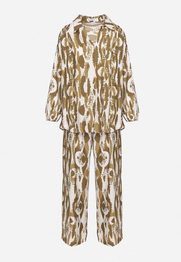 Born2be - Zielony Komplet z Wiskozą w Abstrakcyjny Wzór Koszulowa Bluzka i Spodnie Sarivone. Kolor: zielony. Materiał: wiskoza