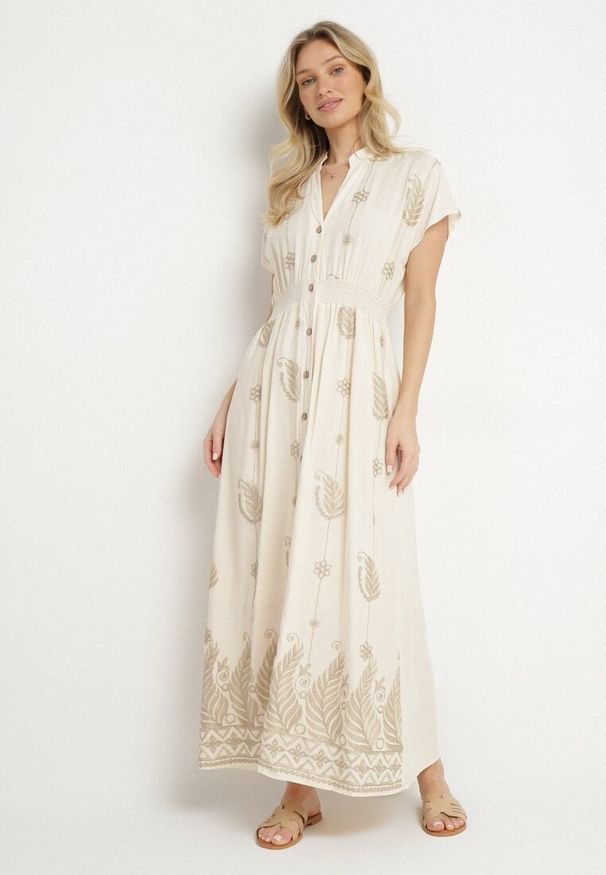 Born2be - Beżowa Koszulowa Sukienka z Bawełną Ozdobiona Metaliczną Nicią Tirlio. Okazja: na spacer, na co dzień. Kolor: beżowy. Materiał: bawełna. Wzór: aplikacja. Typ sukienki: koszulowe. Styl: klasyczny, casual, elegancki