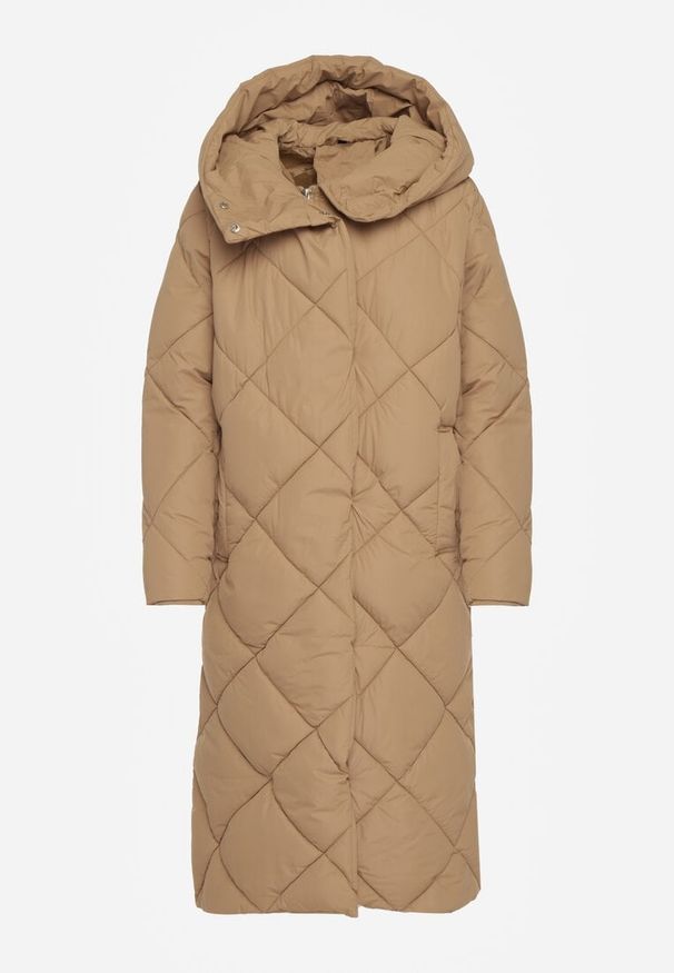 Born2be - Ciemnobeżowa Kurtka Płaszcz z Geometrycznym Pikowaniem Johnatta. Kolor: beżowy. Wzór: geometria