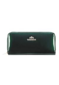 Wittchen - Damski portfel ze skóry lakierowany na suwak ciemny zielony. Kolor: zielony. Materiał: lakier, skóra. Wzór: aplikacja