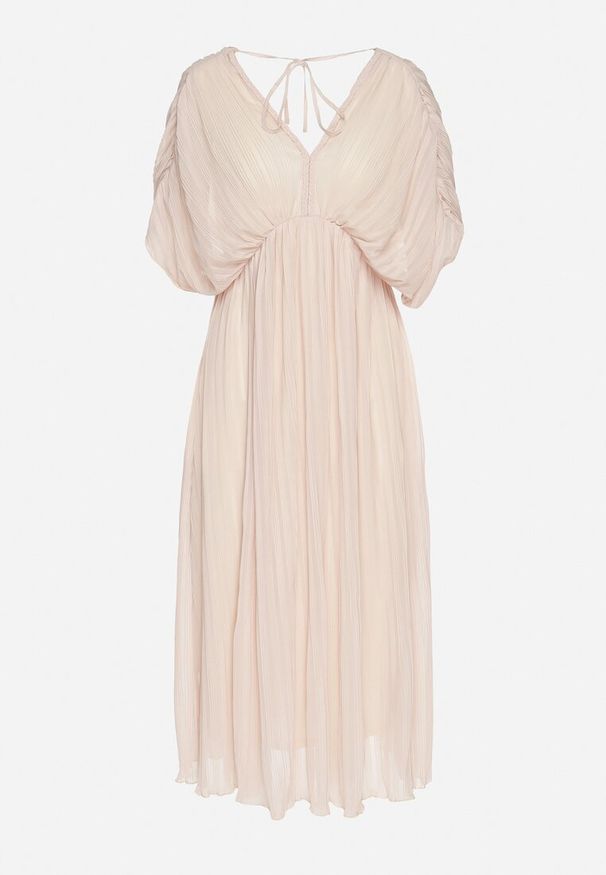 Born2be - Beżowa Sukienka Rozkloszowana z Wiązaniem na Szyi o Luźnym Kroju Napila. Okazja: na co dzień. Typ kołnierza: dekolt w kształcie V. Kolor: beżowy. Styl: casual, elegancki, klasyczny