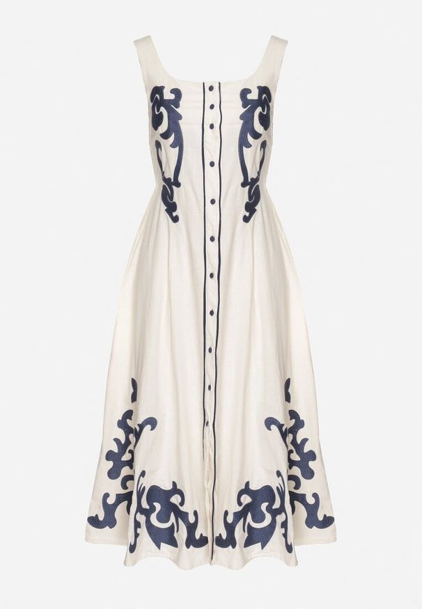 Born2be - Beżowa Sukienka z Bawełny Ozdobiona Haftami i Guzikami Milarietta. Okazja: na co dzień. Kolor: beżowy. Materiał: bawełna. Wzór: aplikacja, haft. Sezon: wiosna, lato. Typ sukienki: proste. Styl: elegancki, casual, klasyczny