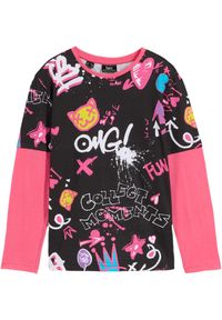 bonprix - Shirt dziewczęcy w optyce warstwowego, z bawełny organicznej. Kolor: czarny. Materiał: bawełna. Wzór: nadruk #1