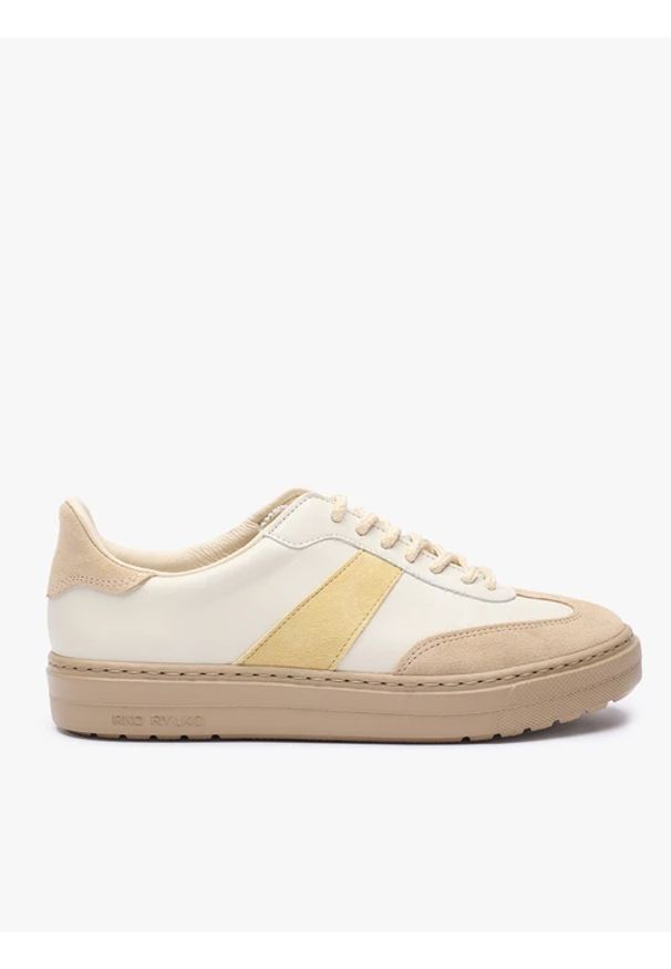 Ryłko - Kremowo-beżowe sneakersy. Okazja: na co dzień. Nosek buta: okrągły. Zapięcie: pasek. Kolor: beżowy. Materiał: skóra, welur. Szerokość cholewki: normalna. Styl: klasyczny, casual, street